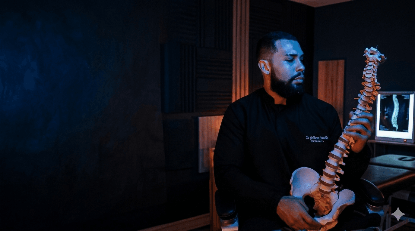 Dr. Guilherme Carvalho segurando modelo anatomico de coluna vertebral